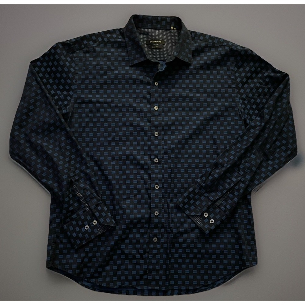 Bugatchi Uomo Mens Blue Black Geometric Shaped Long Sleeve Button Up Shirt JBHS